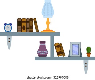 Wall bookshelf with various objects 
