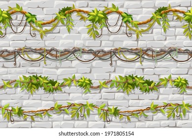 Wall and borders branches liana, ivy. Brickwork and plants jungle. Red facade of old shabby house. Vector background.