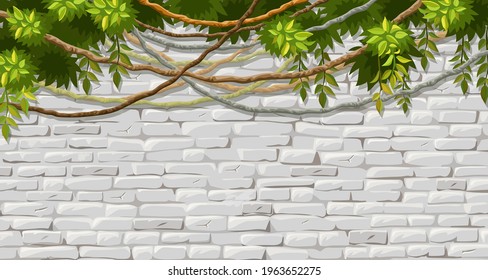 Wall, branches liana, ivy. Brickwork and plants jungle. Old shabby house facade painted white stucco. Vector isolated illustration.