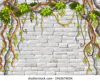 Wall, branches liana, ivy. Brickwork and plants jungle. Old shabby house facade painted white stucco. Vector isolated illustration.