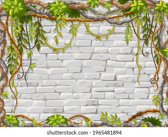 Wall, branches liana, ivy. Brickwork and plants jungle. Old shabby house facade painted white stucco. Vector isolated illustration.