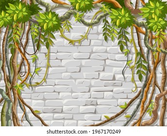 Wall, branches liana, ivy. Brickwork and plants jungle. Old shabby house facade painted white stucco. Vector isolated illustration.