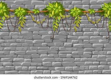 Wall, branches liana, ivy. Brickwork and plants jungle. Old shabby house facade painted white stucco. Vector isolated illustration.