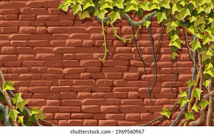 Wall, branches liana, ivy. Brickwork and plants jungle. Old shabby house facade red clinker. Vector isolated illustration.