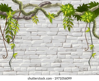 Wall, branches liana, ivy. Brickwork and plants jungle. Old shabby house facade painted white stucco. Vector isolated illustration.