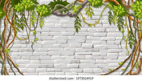 Wall, branches liana, ivy. Brickwork and plants jungle. Old shabby house facade painted white stucco. Vector isolated illustration.