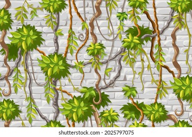 Muro, ramas liana, hiedra. Ladrillo y jungla de plantas. La antigua fachada de una casa chabacana pintaba estuco blanco. Ilustración aislada del vector.