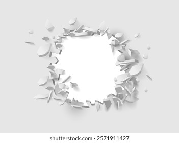 Wall with broken piece revealing hole with copy space and blank place. Vector realistic effect with falling concrete, plaster or bricks. Panel with cracks and fractures, demolished barrier