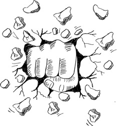 A Wall Is Broken Through By A Fist. Hand Drawing Illustration.