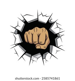 Wall Broken Through By Fist Hand vector art illustration