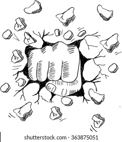 a wall is broken through by a fist. Hand drawing illustration.