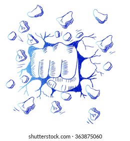 a wall is broken through by a fist. Hand drawing illustration.