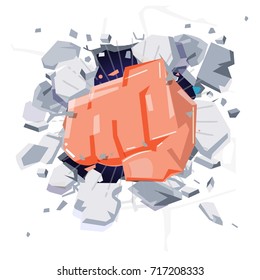 A Wall Is Broken Through By A Fist hand. punch hitting  and damage wall. power or freedom concept - vector illustration