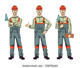 Wall builder, isolated on white background. Standing Man in work uniform with spatula and brick. Vector illustration set.