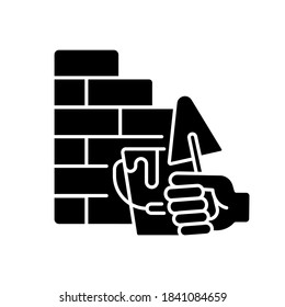Wall building black glyph icon. Bricklaying techniques. Brickwork. Manual work. Redbrick wall. Construction. Building walls outdoor. Silhouette symbol on white space. Vector isolated illustration