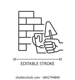 Wall building linear icon. Bricklaying techniques. Brickwork. Redbrick wall. Building walls. Thin line customizable illustration. Contour symbol. Vector isolated outline drawing. Editable stroke