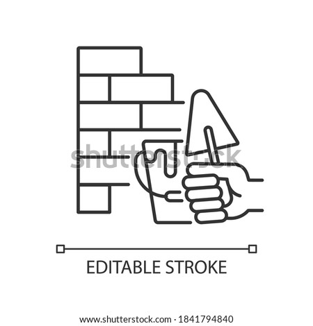 Wall building linear icon. Bricklaying techniques. Brickwork. Redbrick wall. Building walls. Thin line customizable illustration. Contour symbol. Vector isolated outline drawing. Editable stroke
