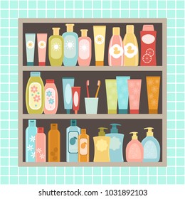 Wall Cabinet in the bathroom against the wall of tile. Shelf with cosmetics: shampoos, lotions, liquid soap and toothpaste. Vector flat illustration. 