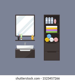 Wall cabinet and washbasin for the bathroom. Vector isolated illustration in flat style