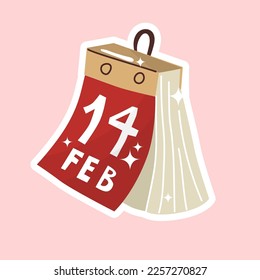 Wall calendar with 14 February date. Best wishes on Happy Valentines Day. All lovers Day decoration element. Colored Flat style in vector illustration. Isolated element.