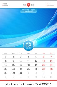 Wall Calendar 2016. August. Vector Template with Abstract Background. Week Starts Monday