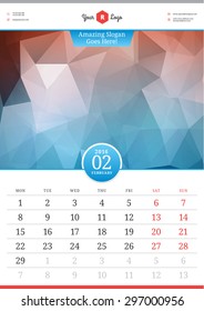 Wall Calendar 2016. February. Vector Template with Abstract Background. Week Starts Monday
