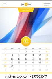 Wall Calendar 2016. February. Vector Template with Abstract Background. Week Starts Sunday