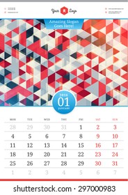 Wall Calendar 2016. January. Vector Template with Abstract Background. Week Starts Monday