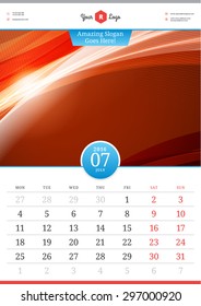 Wall Calendar 2016. July. Vector Template with Abstract Background. Week Starts Monday