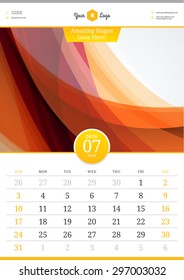 Wall Calendar 2016. July. Vector Template with Abstract Background. Week Starts Sunday