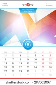 Wall Calendar 2016. June. Vector Template with Abstract Background. Week Starts Monday