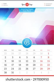 Wall Calendar 2016. May. Vector Template with Abstract Background. Week Starts Monday