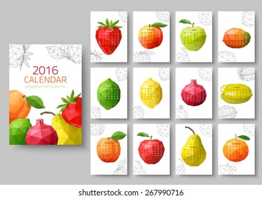 Wall calendar 2016 - polygonal fruit and berries. Vector illustration