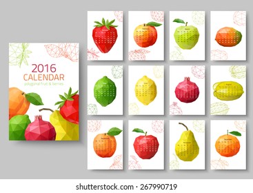 Wall calendar 2016 - polygonal fruit and berries. Vector illustration