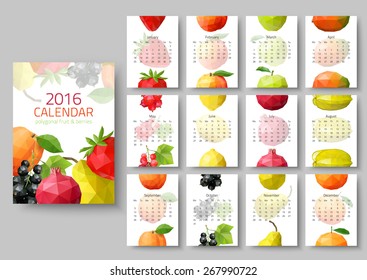 Wall calendar 2016 - polygonal fruit and berries. Vector illustration