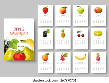 Wall calendar 2016 - polygonal fruit and berries. Vector illustration