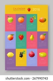 Wall calendar 2016 - polygonal fruit and berries. Vector illustration