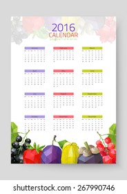 Wall calendar 2016 - polygonal fruit and berries. Vector illustration