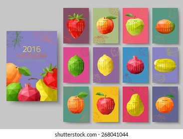 Wall calendar 2016 - polygonal fruit and berries. Vector illustr