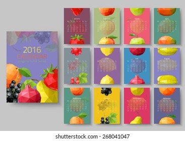 Wall calendar 2016 - polygonal fruit and berries. Vector illustr