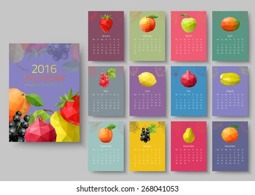 Wall calendar 2016 - polygonal fruit and berries. Vector illustr