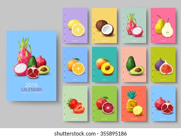 Wall calendar 2016 - polygonal fruit and berries. Vector illustration