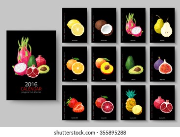 Wall calendar 2016 - polygonal fruit and berries. Vector illustration