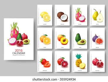 Wall calendar 2016 - polygonal fruit and berries. Vector illustration