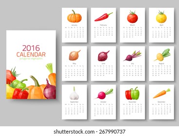 Wall calendar 2016 - polygonal vegetables. Vector illustration