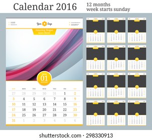 Wall Calendar 2016. Vector Template With Place For Photo. 12 Months. Week Starts Sunday. 