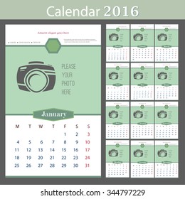 Wall Calendar 2016. Vector Template with Place for Photo. 12 Months. Vector template design 