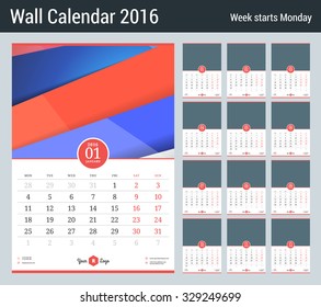 Wall Calendar for 2016 Year. Vector Stationery Design Template with Place for Photo. Week Starts Monday. 12 Months