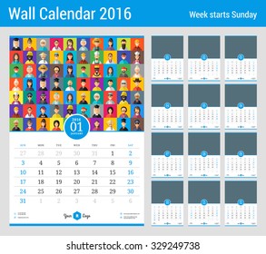 Wall Calendar for 2016 Year. Vector Stationery Design Template with Place for Photo. Week Starts Sunday. 12 Months