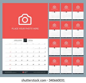 Wall Calendar for 2016 Year. Vector Design Print Template with Place for Photo. Week Starts Sunday. Set of 12 Months